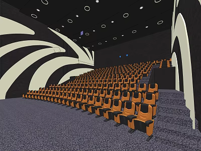 Modern Cinema Interior With Comfortable Seats Curved Walls And Round Ceiling Lights 3d model