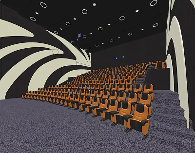 Modern Cinema Interior With Comfortable Seats Curved Walls And Round Ceiling Lights 3d model