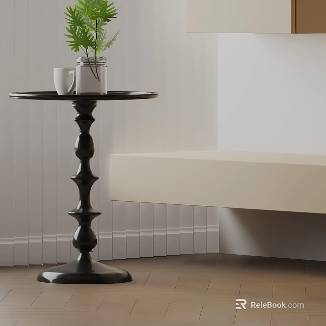 Round Top Black Side Table With Decorative Base White Cup And Green Plant Vase In Interior 3d model 