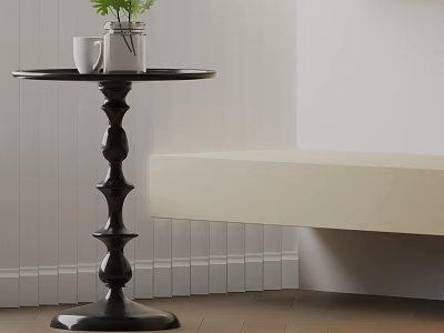 Round Top Black Side Table With Decorative Base White Cup And Green Plant Vase In Interior 3d model