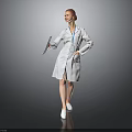 Woman Doctor In White Coat Holding Tablet Standing Against Gray Background