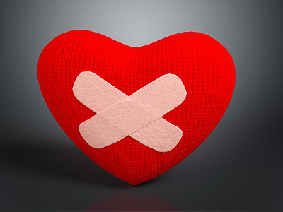 Red Heart Shaped Knitted Pillow With Cross Shaped Band Aid Design 3d model