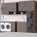 Modern Laundry Room With Stackable Washing Machines Wooden Cabinets And Faucet