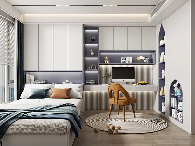 Modern Tatami Bedroom Interior Design With Storage Cabinets Desk Chair And Decorative Rug 3d model