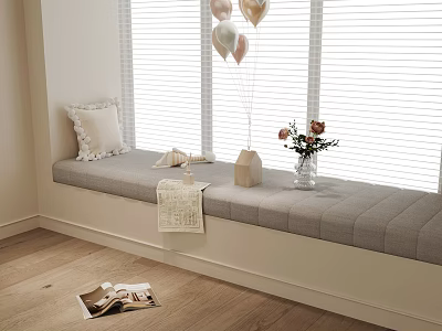 Cozy White Ruffled Pillow on Gray Window Seat with Balloons Flowers and Book 3d model