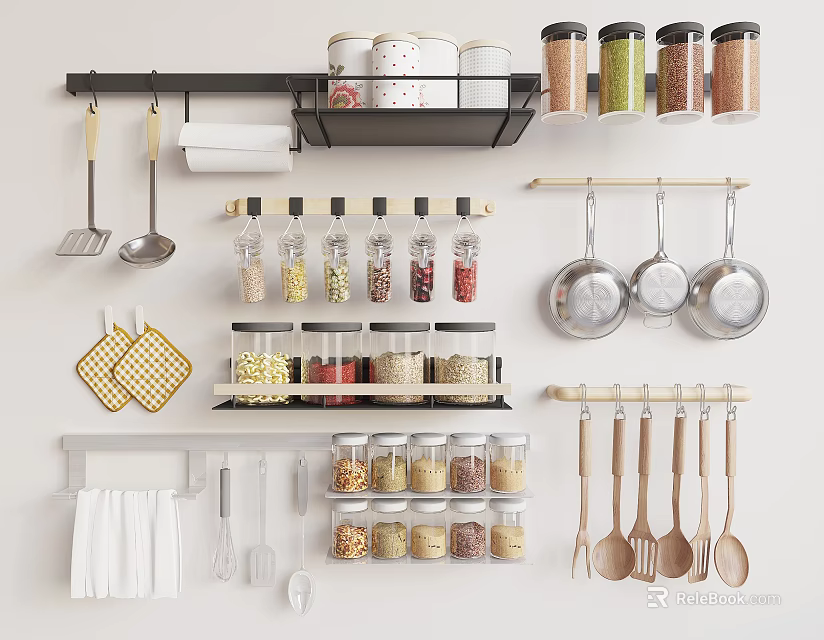 Organized Kitchen Utensils Storage With Wall Racks Shelves Glass Jars Spices Grains Hanging Spatulas Spoons 3d model 