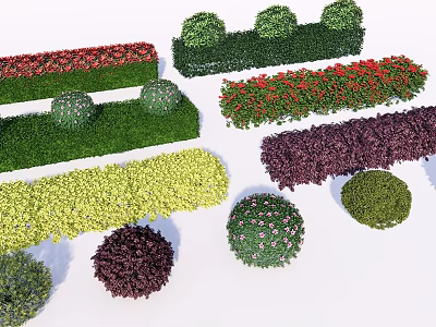 Colorful Garden Shrubs With Round And Linear Shapes In Green Red Purple Yellow Tones 3d model