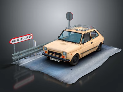 Beige Vintage Car For Sale Parked By Guardrail In Snowy Area With Sign 3d model