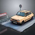 Beige Vintage Car For Sale Parked By Guardrail In Snowy Area With Sign