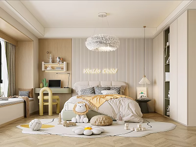 Kids Room Interior With Cozy Bed Play Rug Toys Decorative Chandelier Study Desk And Storage 3d model