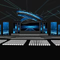 Modern Ballroom Interior with Stage Curved Lighting Fixture Blue Screens and White Seats