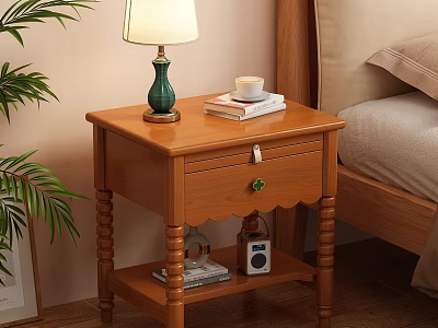Wooden Nightstand With Green Lamp Books Cup On Top Carved Legs Lower Shelf Radio Magazines 3d model