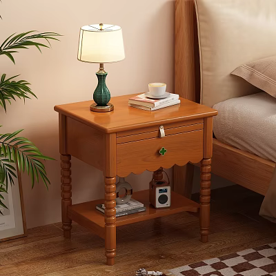 Wooden Nightstand With Green Lamp Books Cup On Top Carved Legs Lower Shelf Radio Magazines 3d model