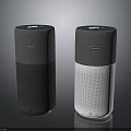 Two Modern Smart Speakers with Gray and White Cylindrical Mesh Surface and Top Indicator Lights