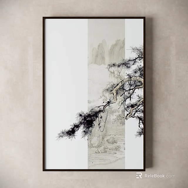 Traditional Chinese Painting With Pine Tree And Mountain Scenery Wall Art Decor 3d model 