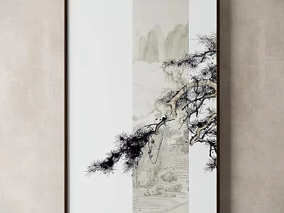 Traditional Chinese Painting With Pine Tree And Mountain Scenery Wall Art Decor 3d model