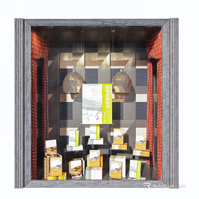 Stylish Shop Window Display With Geometric Pattern Wall Hanging Lights And Stacked Product Packages 3d model 