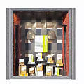 Stylish Shop Window Display With Geometric Pattern Wall Hanging Lights And Stacked Product Packages