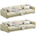 Modern Beige Three Seater Sofa With Soft Fabric Cushions And Throw Blanket 3d model
