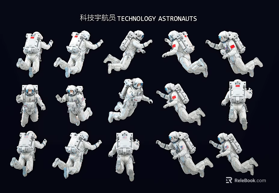 Technology Astronauts Wall Decor with Floating White Astronaut Figures on Black Background 3d model 