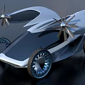 Futuristic Flying Car With Propellers And Blue Rimmed Wheels Flying In Sky