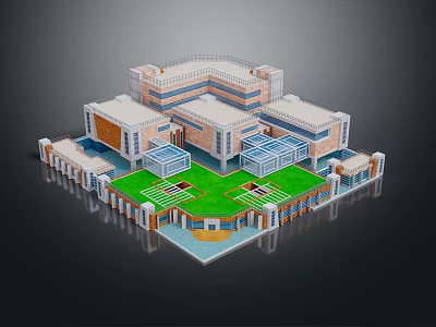 Modern Architectural Complex Design With Central Green Lawn And Water Pool 3d model