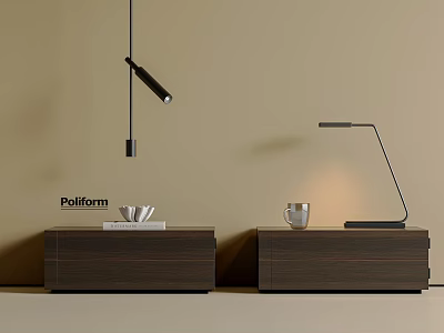 Poliform Wooden Bedside Tables With White Bowl Book Coffee Cup And Lamps 3d model