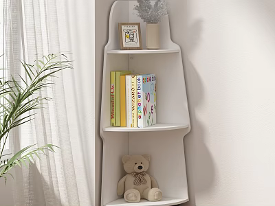 White Entryway Side Cabinet Multilayer Shelf with Photo Frame Books Teddy Bear and Green Plant 3d model