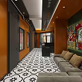 Interesting Stuff Corridor Featuring Orange Black Walls Black White Patterned Floor Plant And Vending Machine 3d model