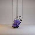 Hanging Chair With Heart Shaped Metal Frame And Purple Cushions In Minimalist Room