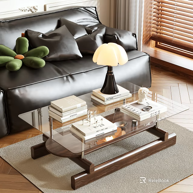 Modern Glass Coffee Table With Wooden Legs And Books Lamp Decor In Living Room 3d model 
