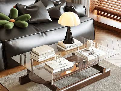 Modern Glass Coffee Table With Wooden Legs And Books Lamp Decor In Living Room 3d model