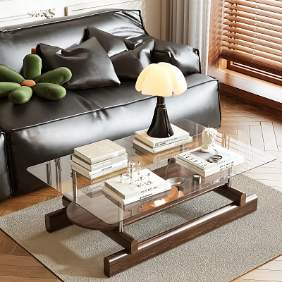 Modern Glass Coffee Table With Wooden Legs And Books Lamp Decor In Living Room 3d model