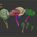 Colorful Umbrella Shaped Mushrooms With Pink White Purple Hues And Various Sizes On Dark Background