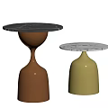 Two Stylish Side Tables With Brown And Yellow Bell Shaped Bases And Marble Tops