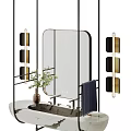 Contemporary Bathroom Vanity With Rectangular Mirror Hanging Lights And Small Potted Plant 3d model
