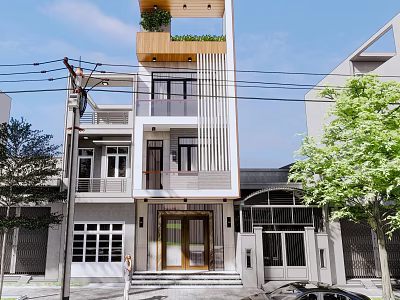 Modern Detached Villa Exterior With Vertical Slats Planter Balcony And Entrance Steps 3d model