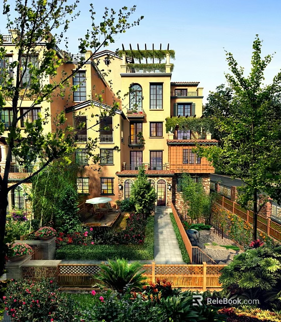 Garden Landscape Featuring Multi Story Building Lush Green Plants Stone Pathway Seating Area And Colorful Flowers 3d model 