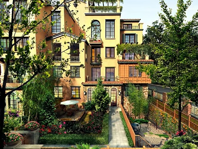 Garden Landscape Featuring Multi Story Building Lush Green Plants Stone Pathway Seating Area And Colorful Flowers 3d model