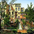 Garden Landscape Featuring Multi Story Building Lush Green Plants Stone Pathway Seating Area And Colorful Flowers