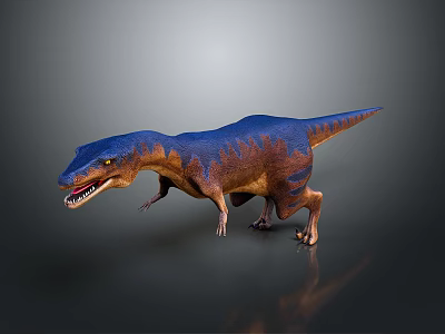 Detailed Blue And Brown Predatory Dinosaur 3D Model With Open Mouth Standing Pose 3d model