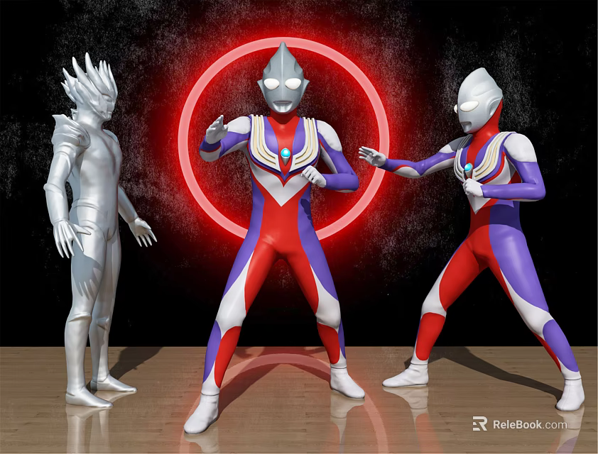 Ultraman Game Movie Characters With Colorful Red Blue Silver Suits Dynamic Poses Red Glowing Circle 3d model 