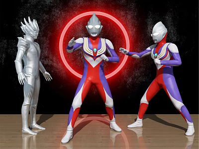 Ultraman Game Movie Characters With Colorful Red Blue Silver Suits Dynamic Poses Red Glowing Circle 3d model
