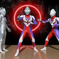 Ultraman Game Movie Characters With Colorful Red Blue Silver Suits Dynamic Poses Red Glowing Circle