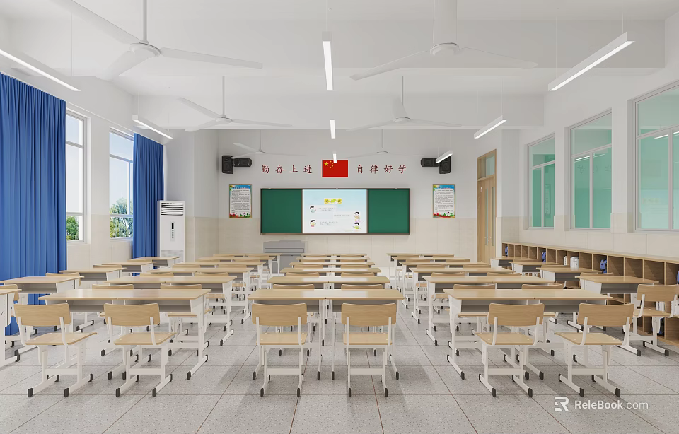 Bright School Classroom With Desks Chairs Blackboard National Flag Ceiling Fans And Windows 3d model 
