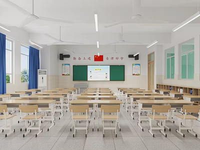 Bright School Classroom With Desks Chairs Blackboard National Flag Ceiling Fans And Windows 3d model
