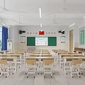 Bright School Classroom With Desks Chairs Blackboard National Flag Ceiling Fans And Windows