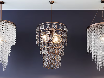 Elegant Crystal Chandeliers with Various Designs Hanging on Dark Blue Wall 3d model