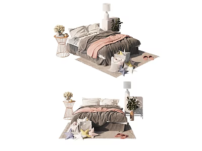 Cozy Double Bed Interior Design With Soft Bedding Bedside Lamp And Green Plants 3d model