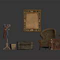Vintage Building Interior Featuring Woven Chair Wooden Trunk Picture Frame And Coat Rack